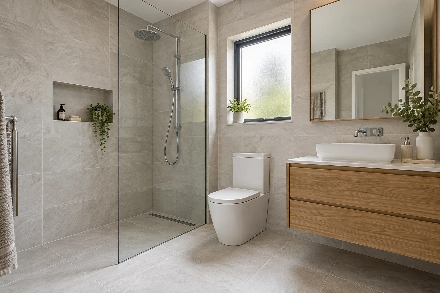 Baño con pie de ducha y revestimientos de porcelanato